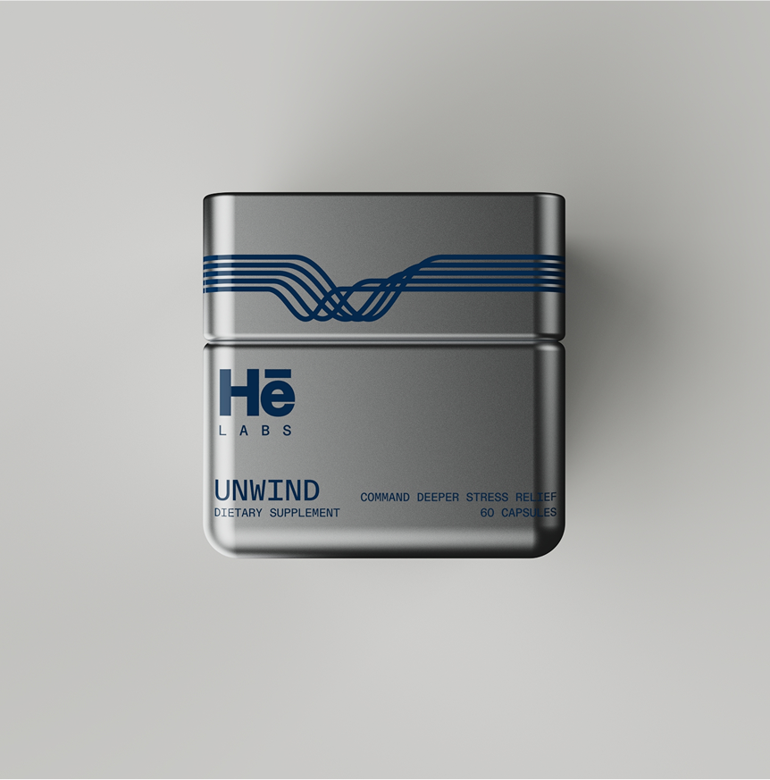 Hē Labs Unwind premium stress relief supplement tin for men