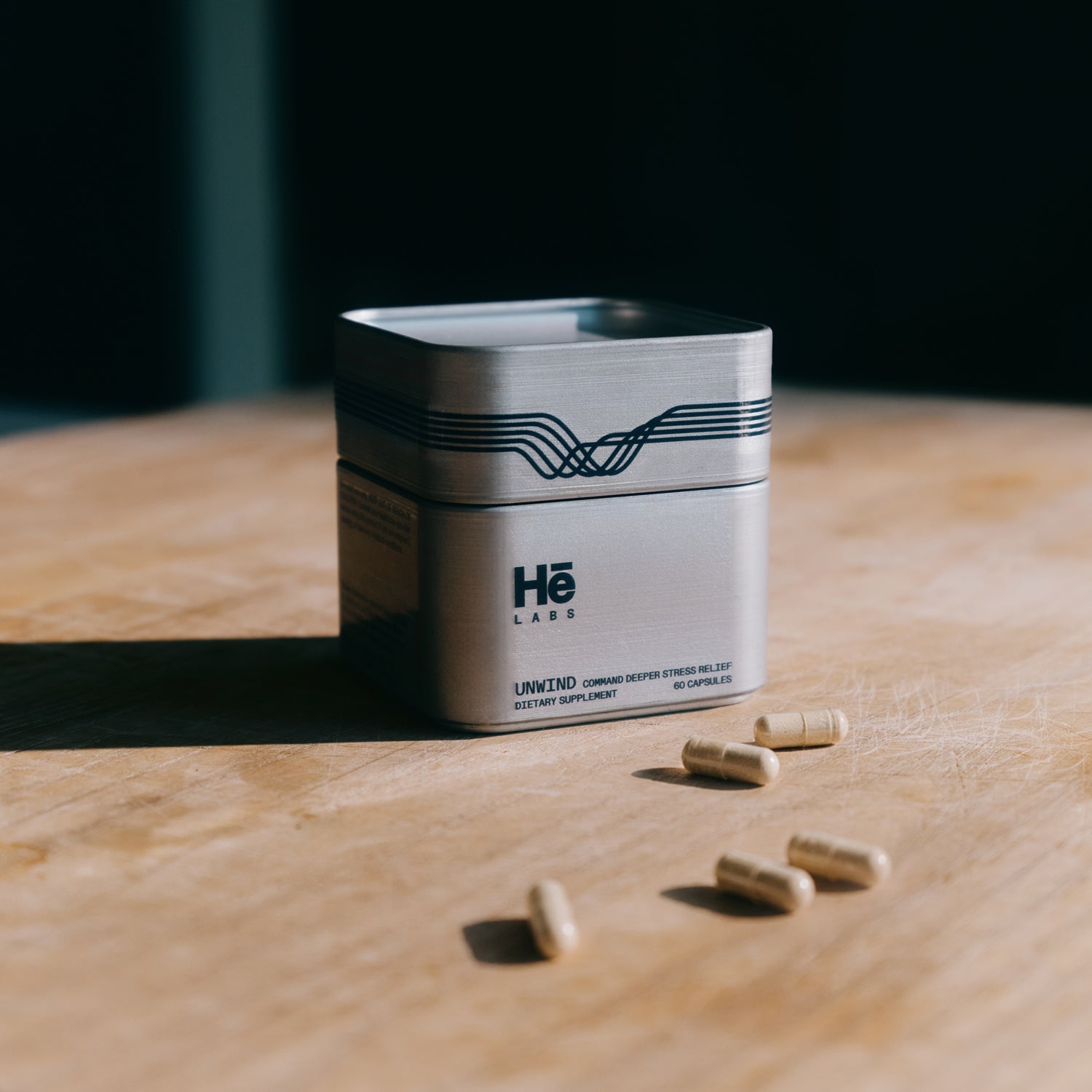 Hē Labs Unwind capsules - adaptogen stress supplement for men's composure and cortisol balance